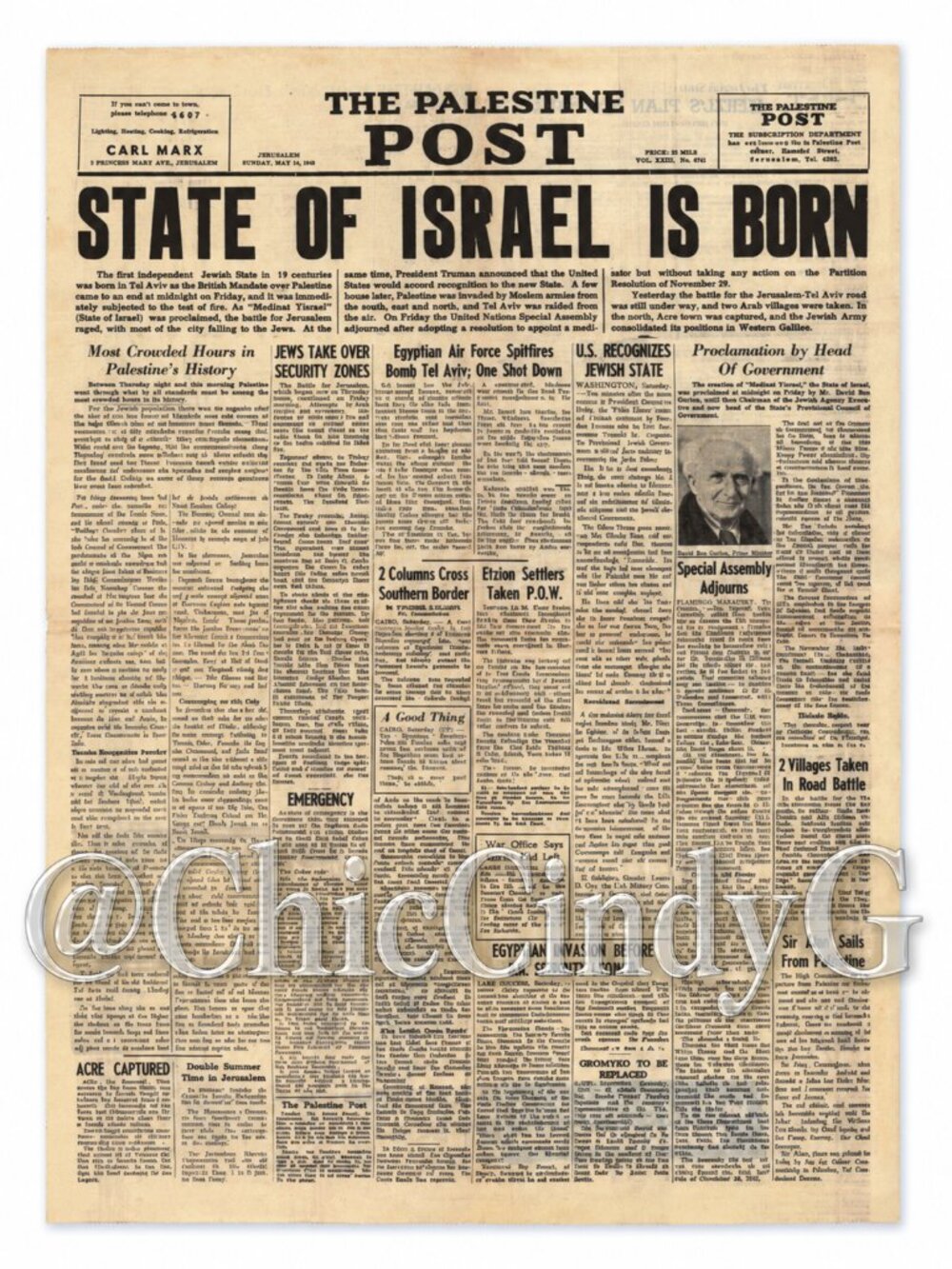 ISRAEL IS BORN 1948 INDEPENDENCE PALESTINE POST FRONT PAGE POSTER RARE 18X24"